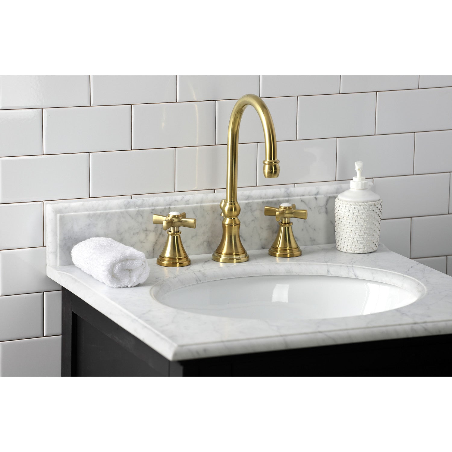 Kingston Tulare KS2987ZX - Millennium Two-Handle 3-Hole Deck Mount Widespread Bathroom Faucet with Brass Pop-Up, Brushed Brass — thumbnail 2